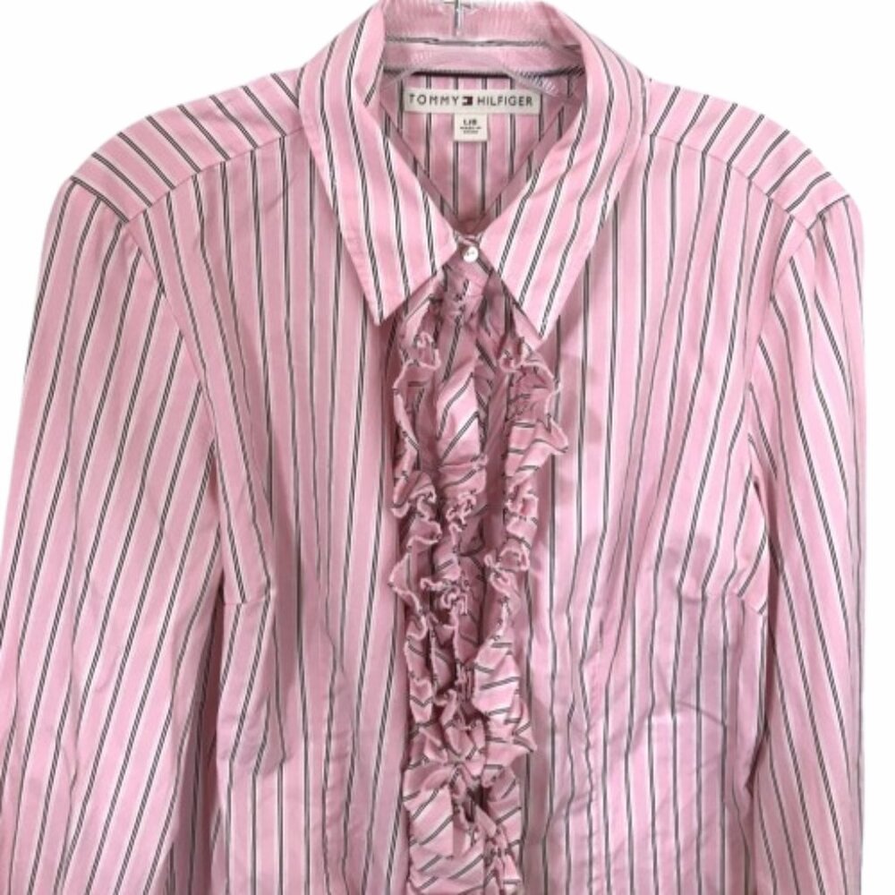 Tommy Hilfiger Y2K Striped Ruffle Button Down Blouse Pink Shirt Women L